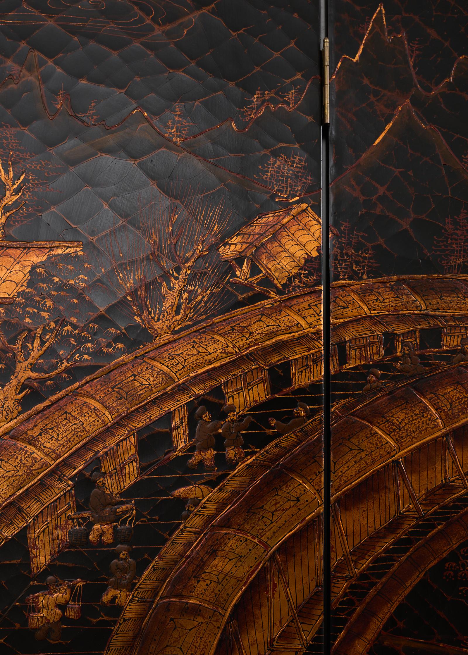 Chinese Export Four Panel Coromandel Style Screen Ancient Bridge For Sale 5