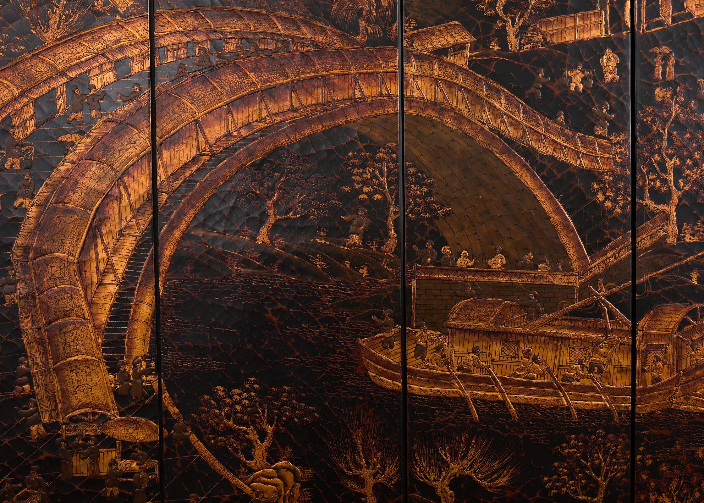 Chinese Export Four Panel Coromandel Style Screen Ancient Bridge For Sale 6