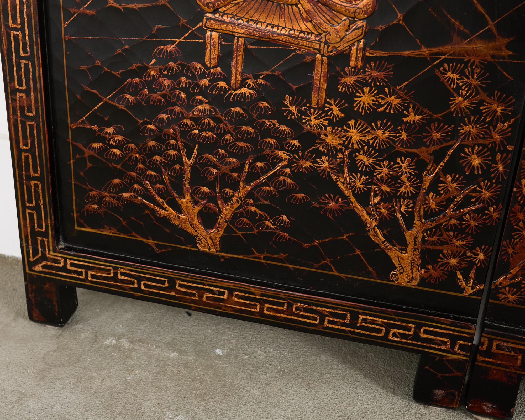 Chinese Export Four Panel Coromandel Style Screen Ancient Bridge For Sale 8