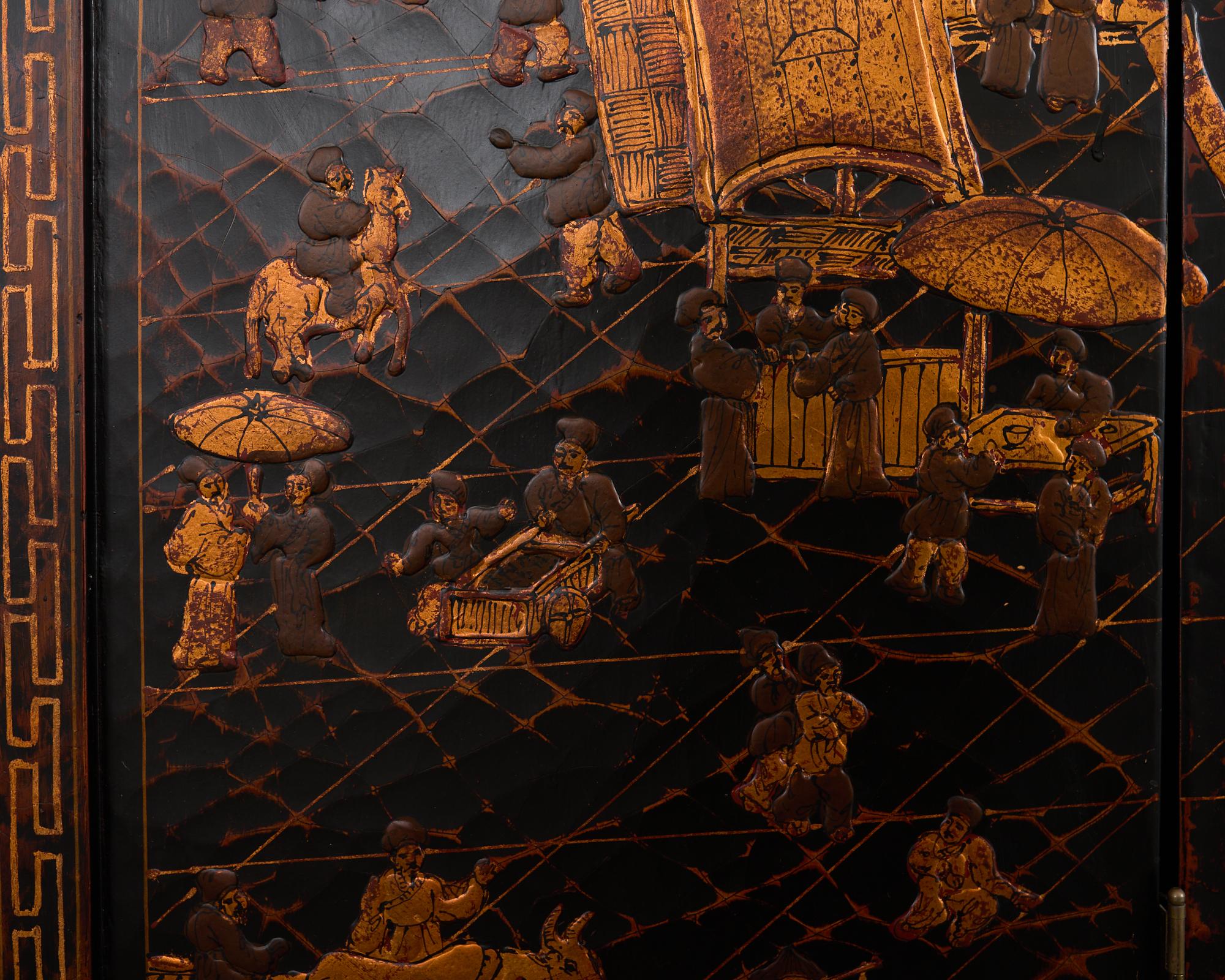 Chinese Export Four Panel Coromandel Style Screen Ancient Bridge For Sale 9