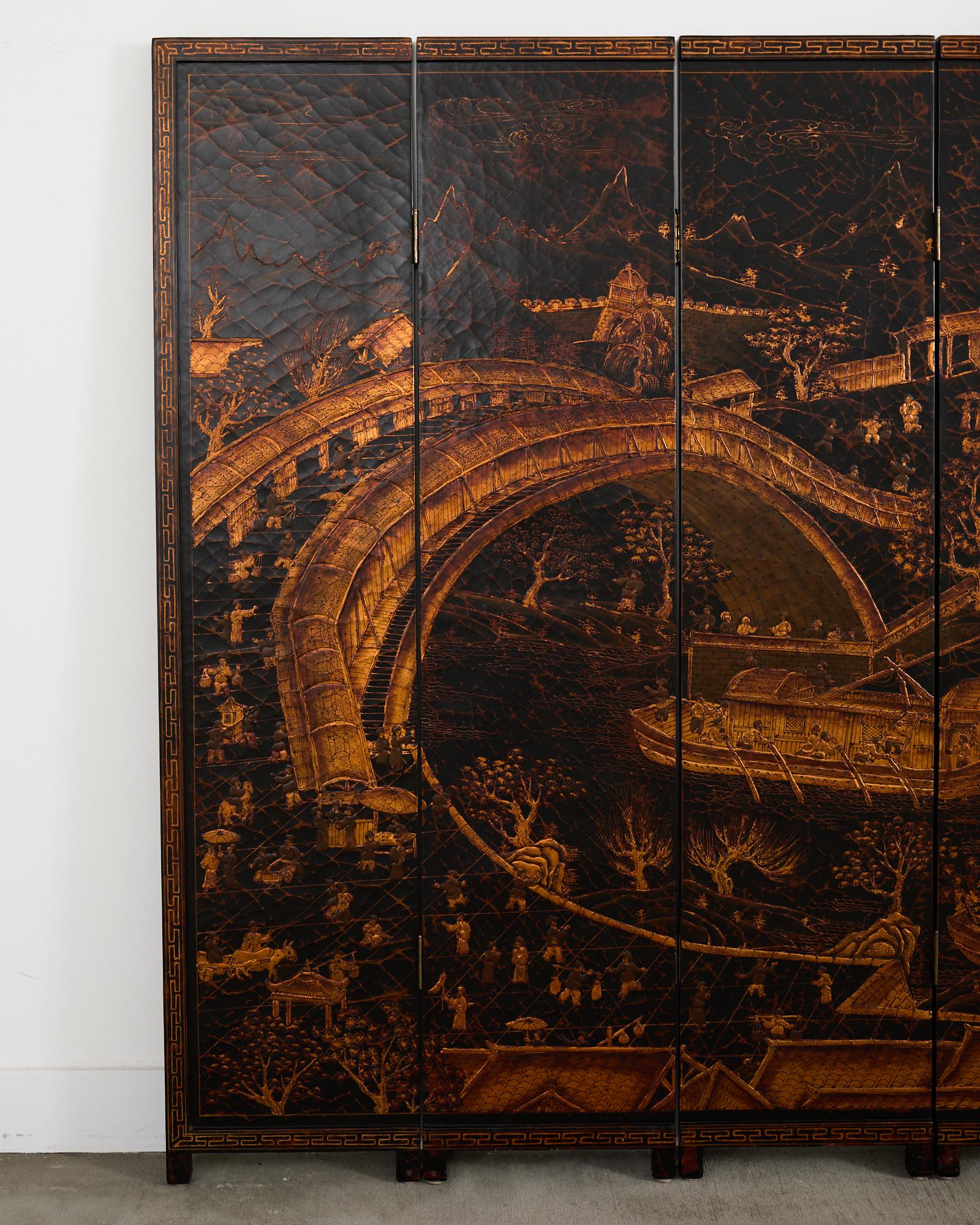 Lacquered Chinese Export Four Panel Coromandel Style Screen Ancient Bridge For Sale