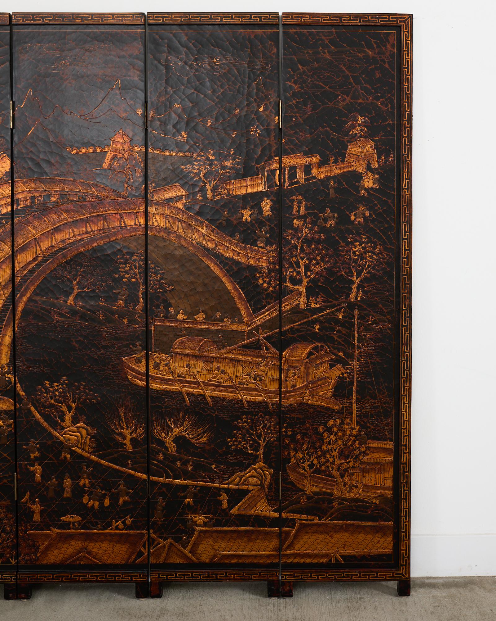 Chinese Export Four Panel Coromandel Style Screen Ancient Bridge In Good Condition For Sale In Rio Vista, CA