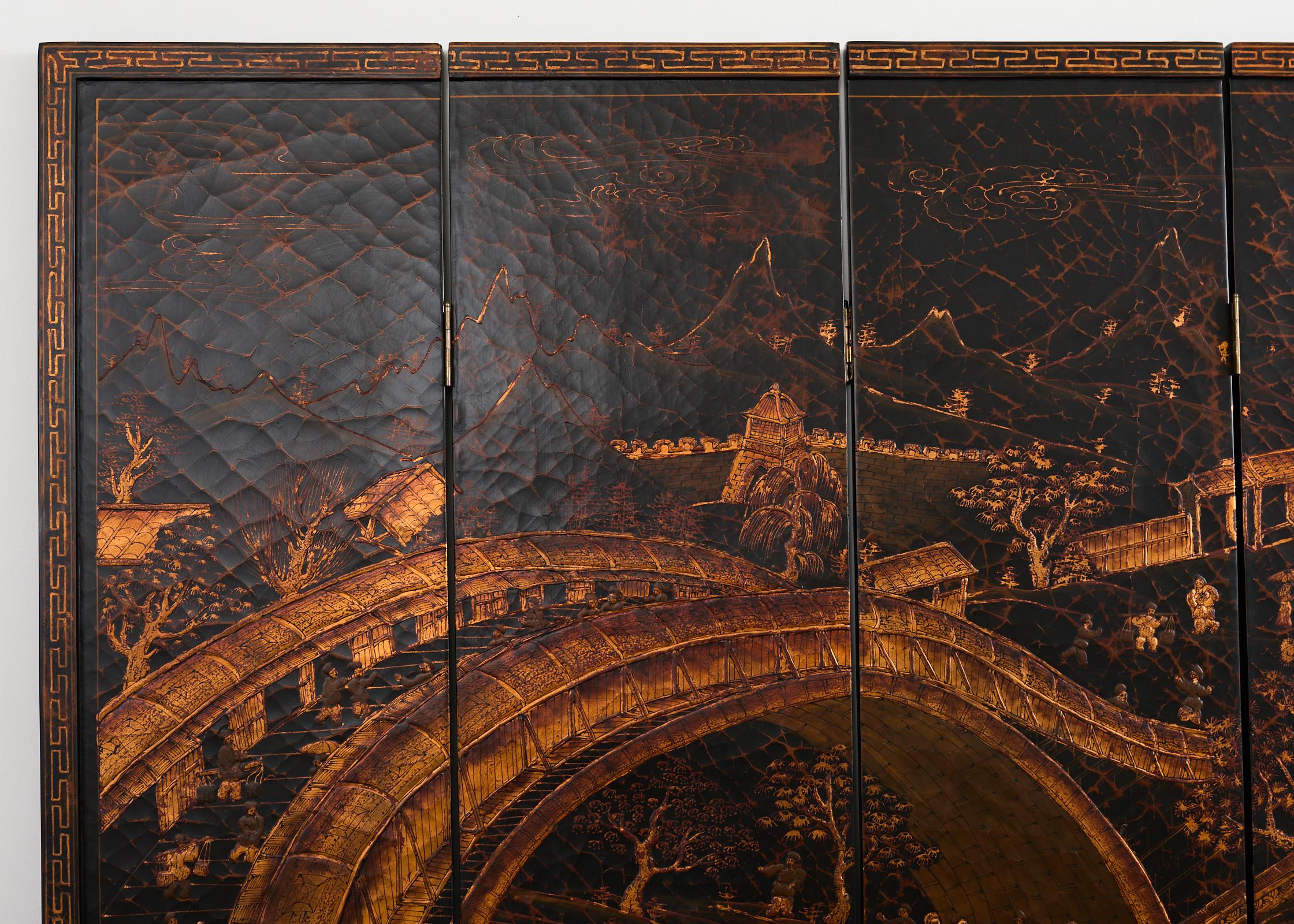 20th Century Chinese Export Four Panel Coromandel Style Screen Ancient Bridge For Sale