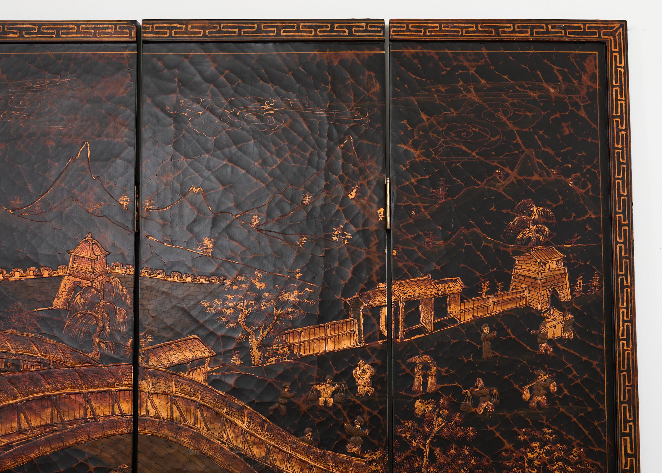 Wood Chinese Export Four Panel Coromandel Style Screen Ancient Bridge For Sale