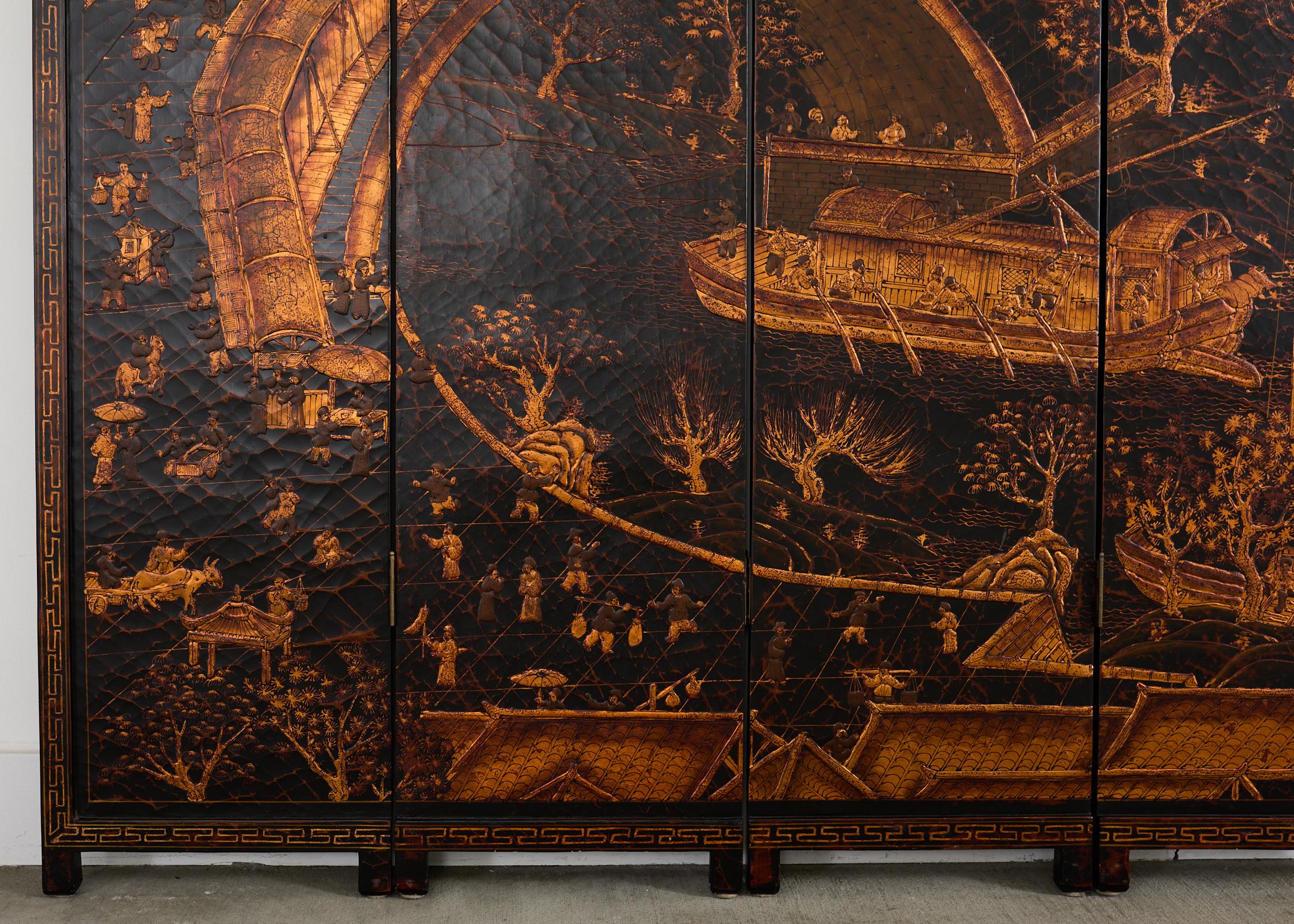 Chinese Export Four Panel Coromandel Style Screen Ancient Bridge For Sale 1