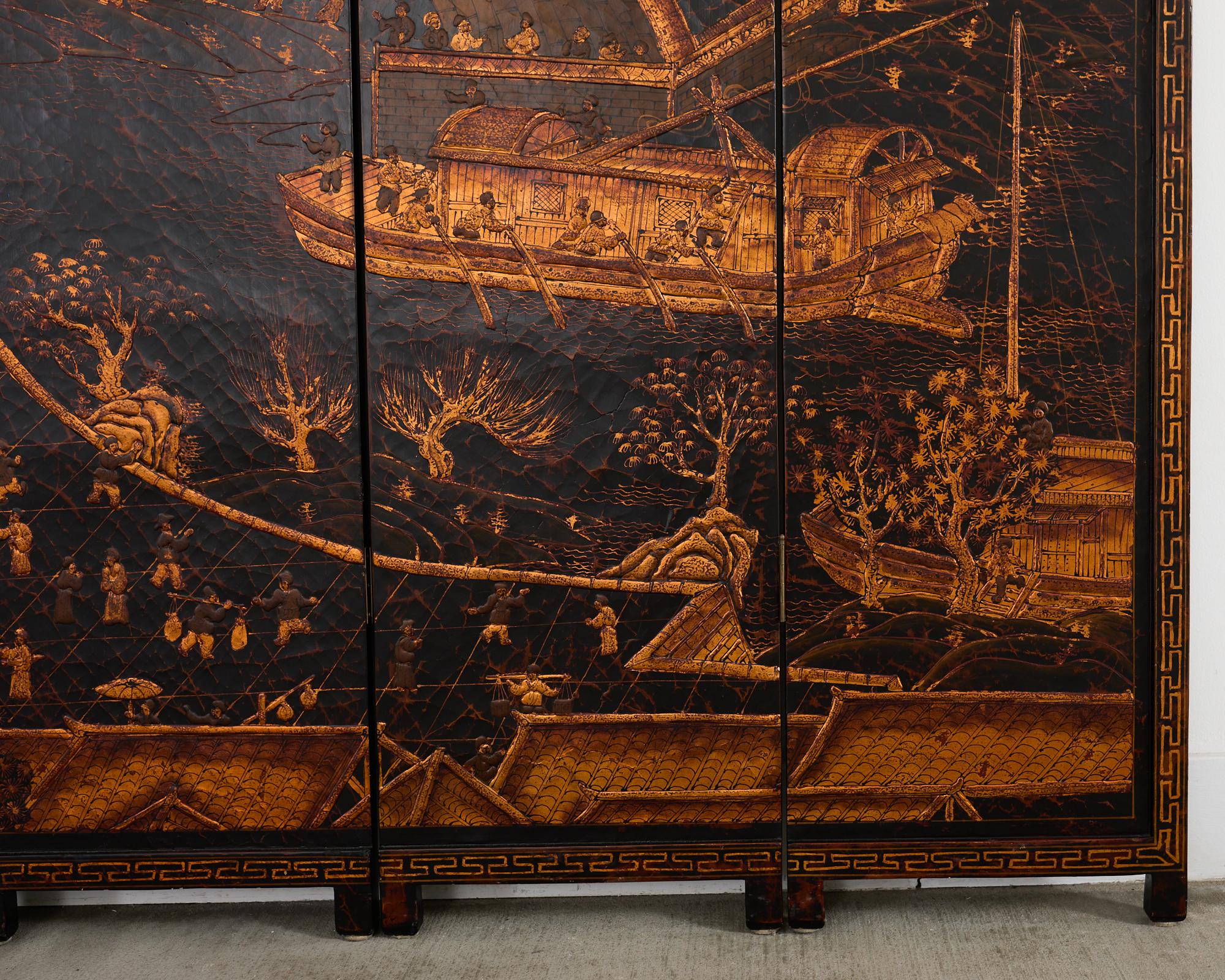 Chinese Export Four Panel Coromandel Style Screen Ancient Bridge For Sale 2