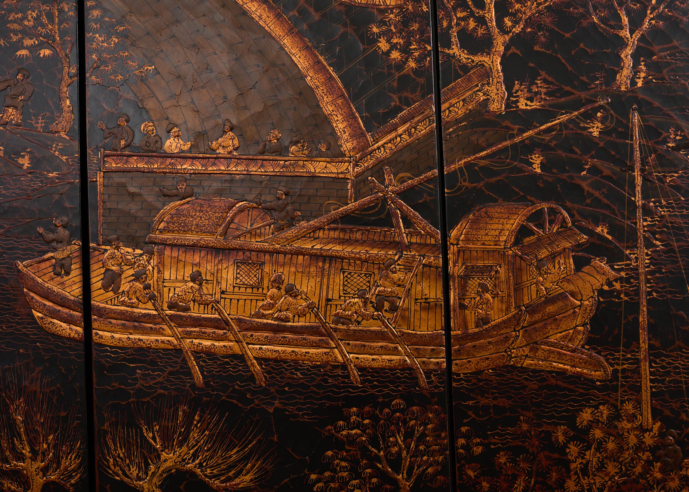 Chinese Export Four Panel Coromandel Style Screen Ancient Bridge For Sale 3