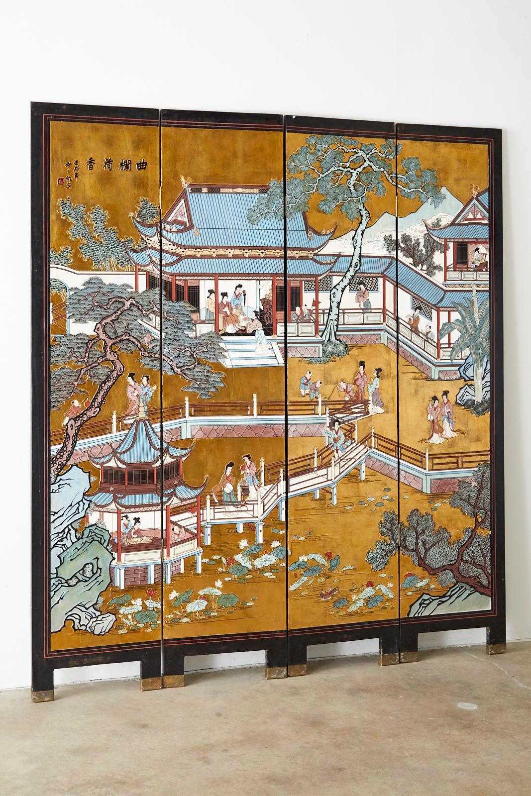 Chinese Export Four-Panel Gilt Lacquered Coromandel Screen In Good Condition In Rio Vista, CA