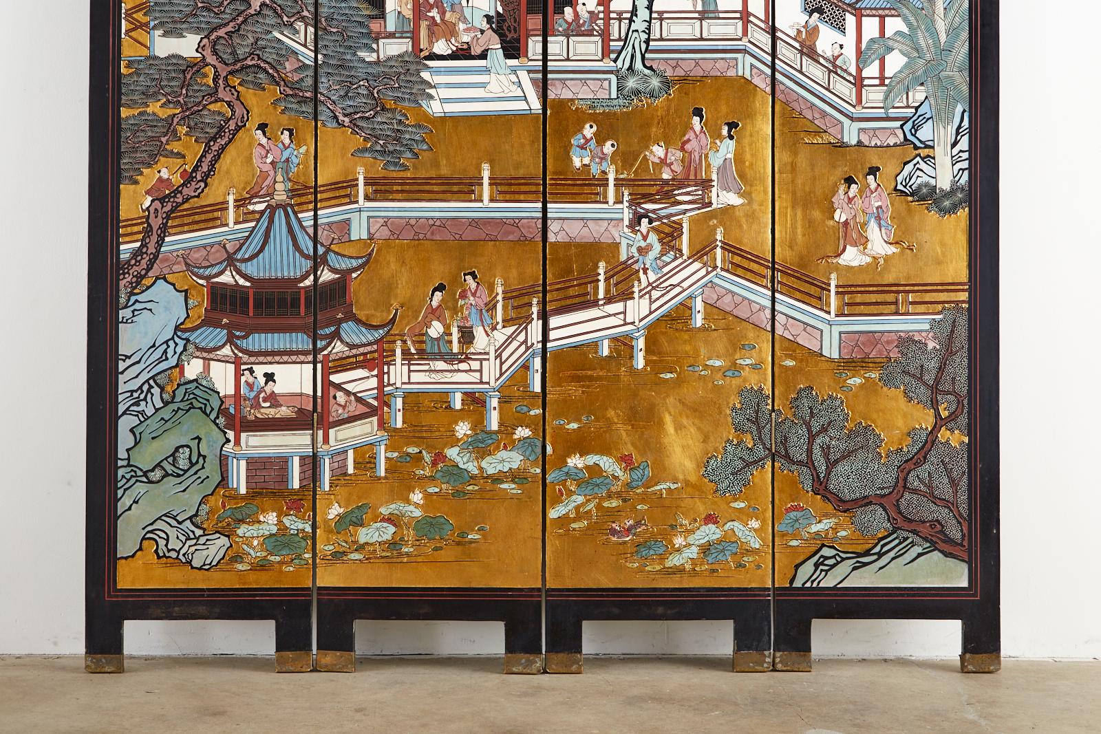 Brass Chinese Export Four-Panel Gilt Lacquered Coromandel Screen