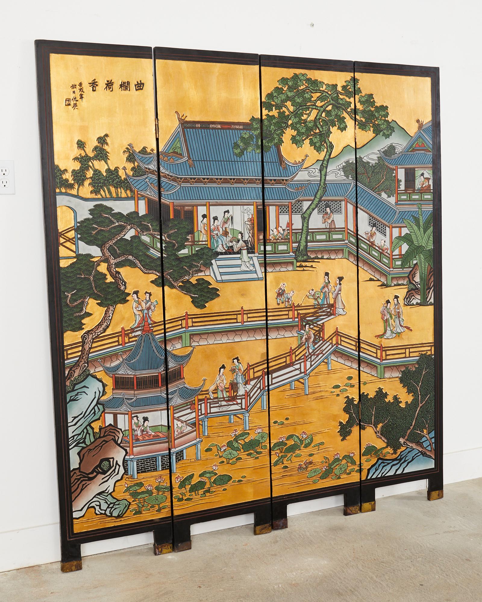 Brass Chinese Export Four Panel Gilt Lacquered Coromandel Screen For Sale