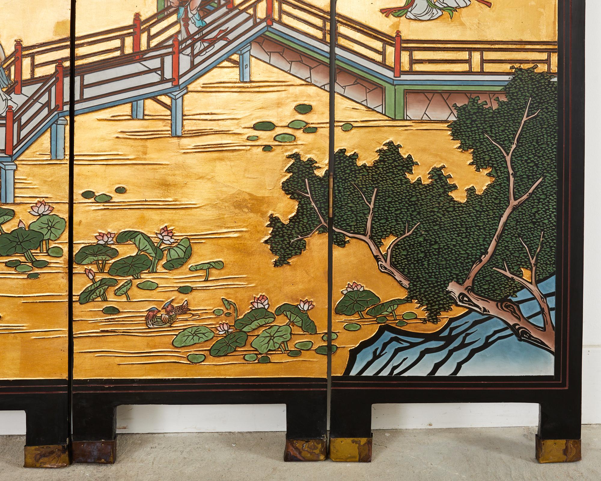 Chinese Export Four Panel Gilt Lacquered Coromandel Screen For Sale 2