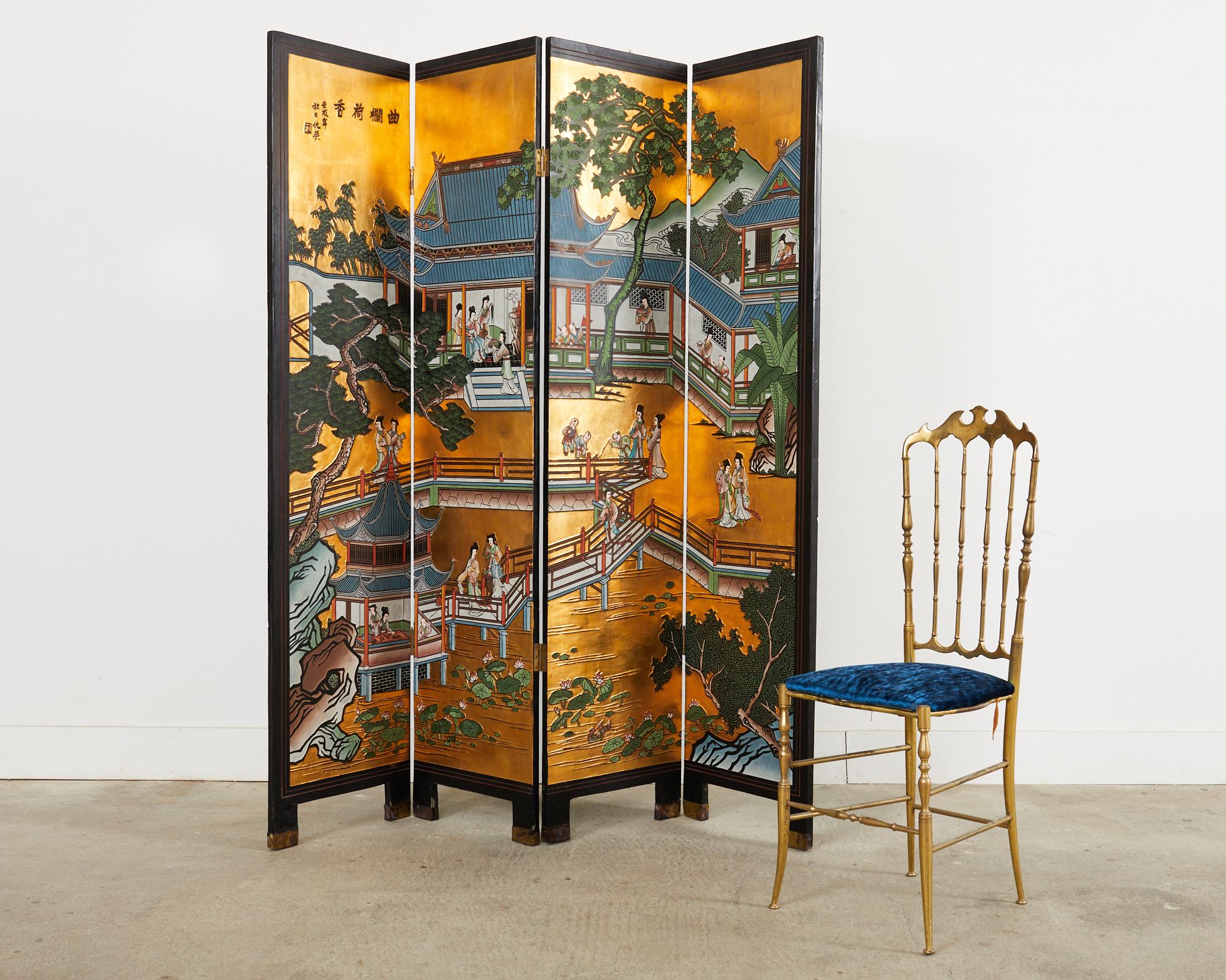 Chinese Export Four Panel Gilt Lacquered Coromandel Screen For Sale 4