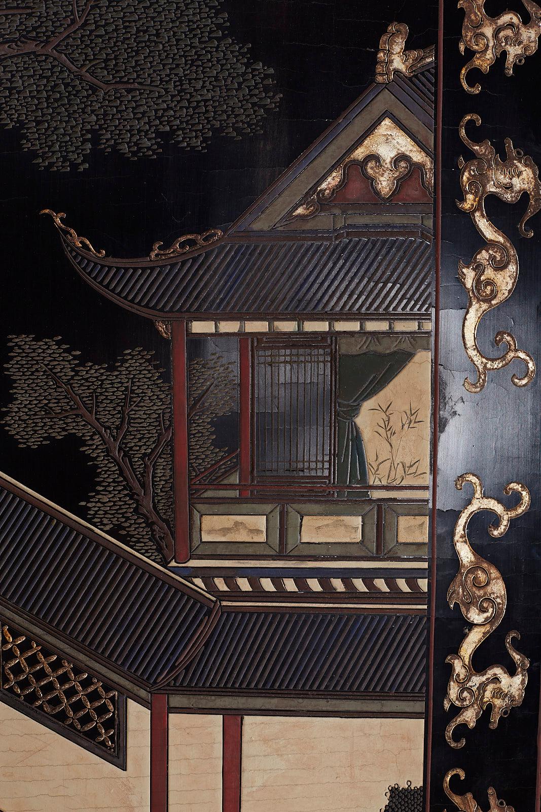 Chinese Export Four Panel Lacquer Coromandel Screen 5