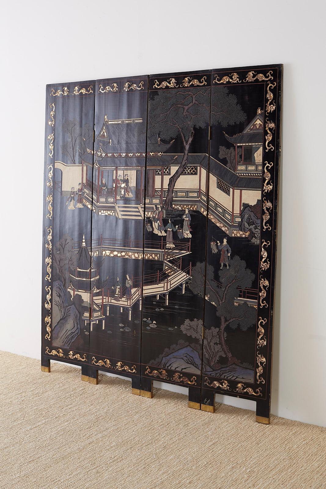 Chinese Export Four Panel Lacquer Coromandel Screen 8