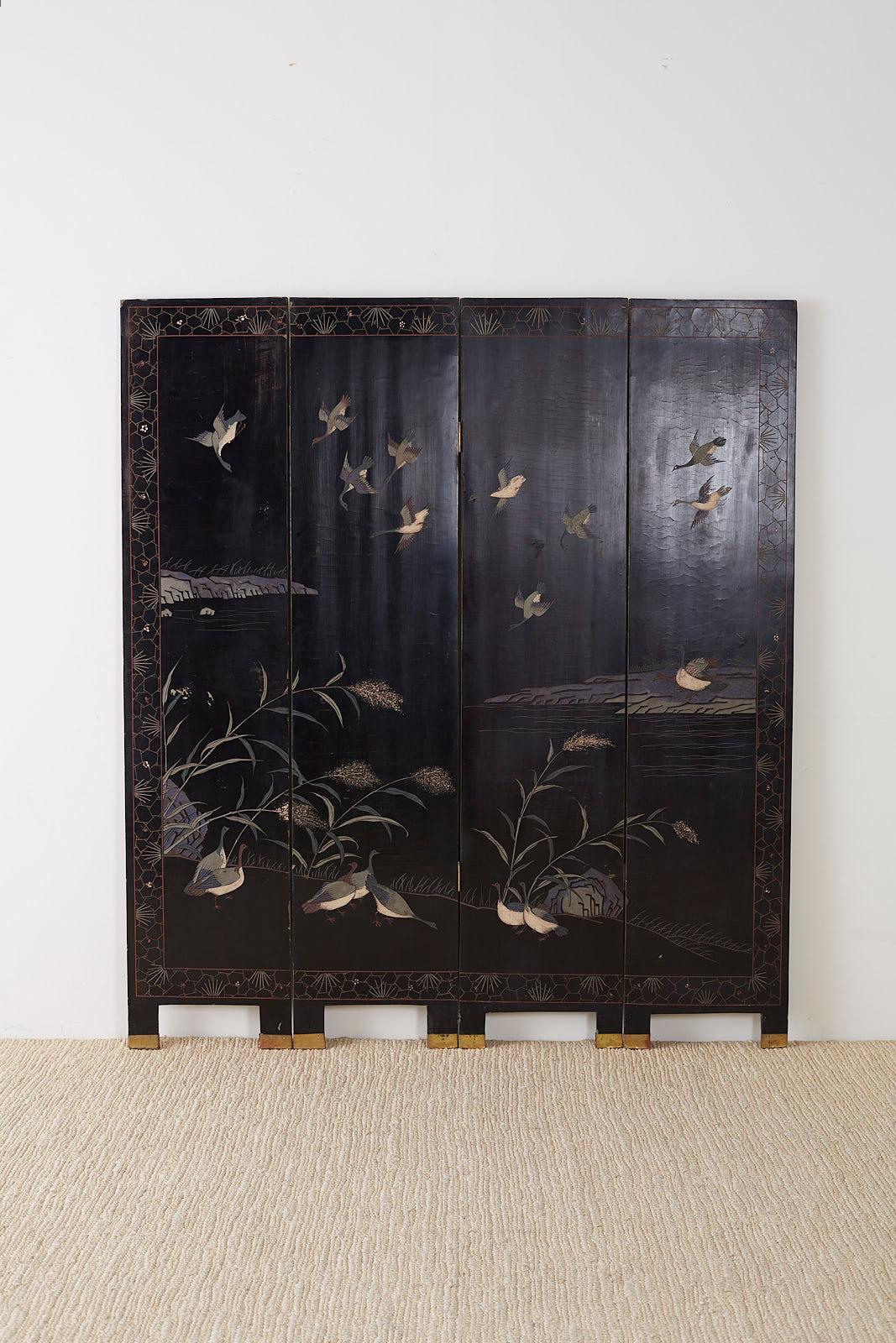Chinese Export Four Panel Lacquer Coromandel Screen 11