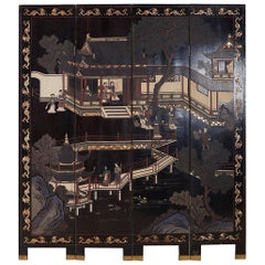 Chinese Export Four Panel Lacquer Coromandel Screen