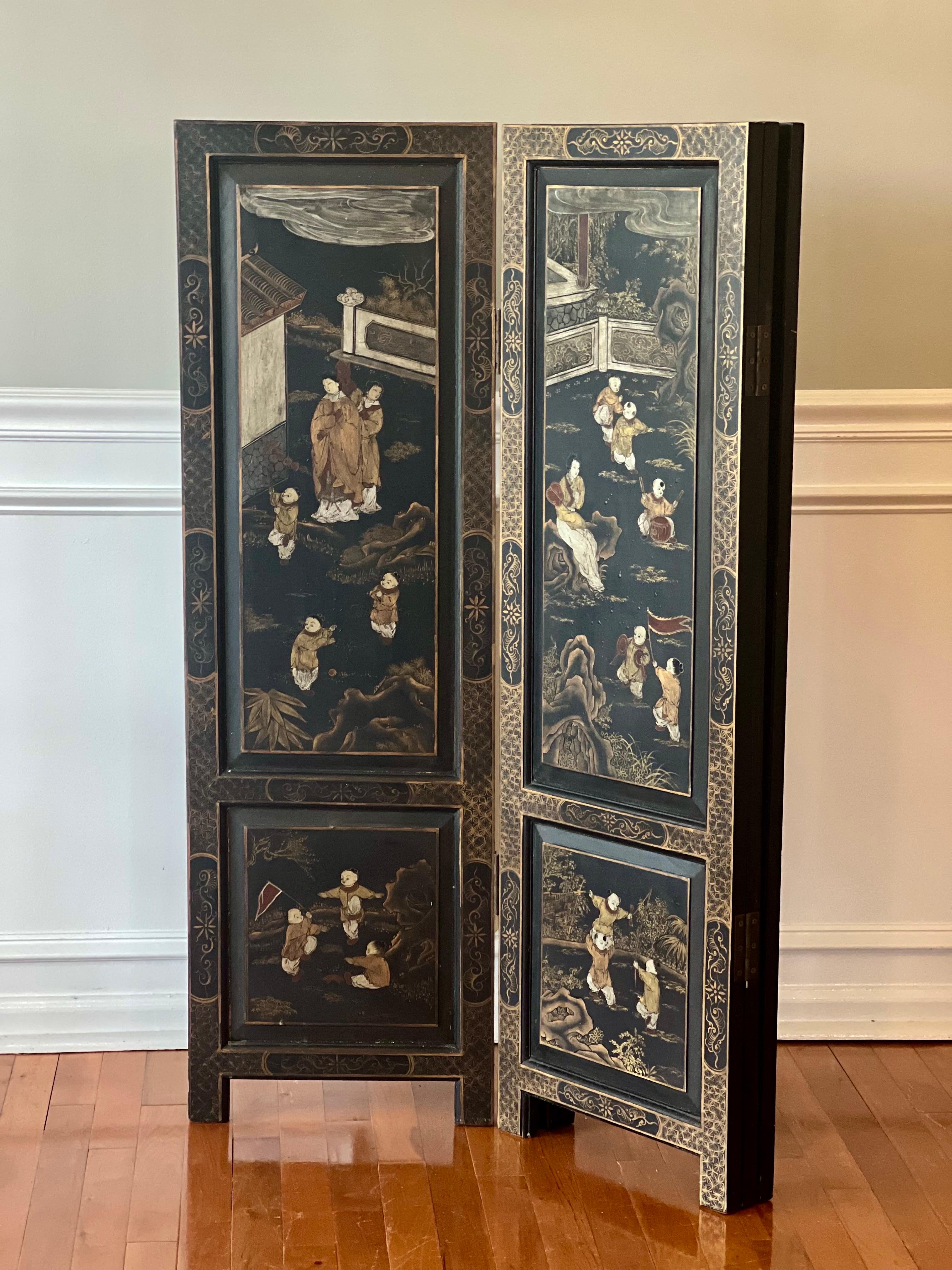 Chinese Export Four Panel Lacquered Coromandel Dressing Screen Room Divider For Sale 7