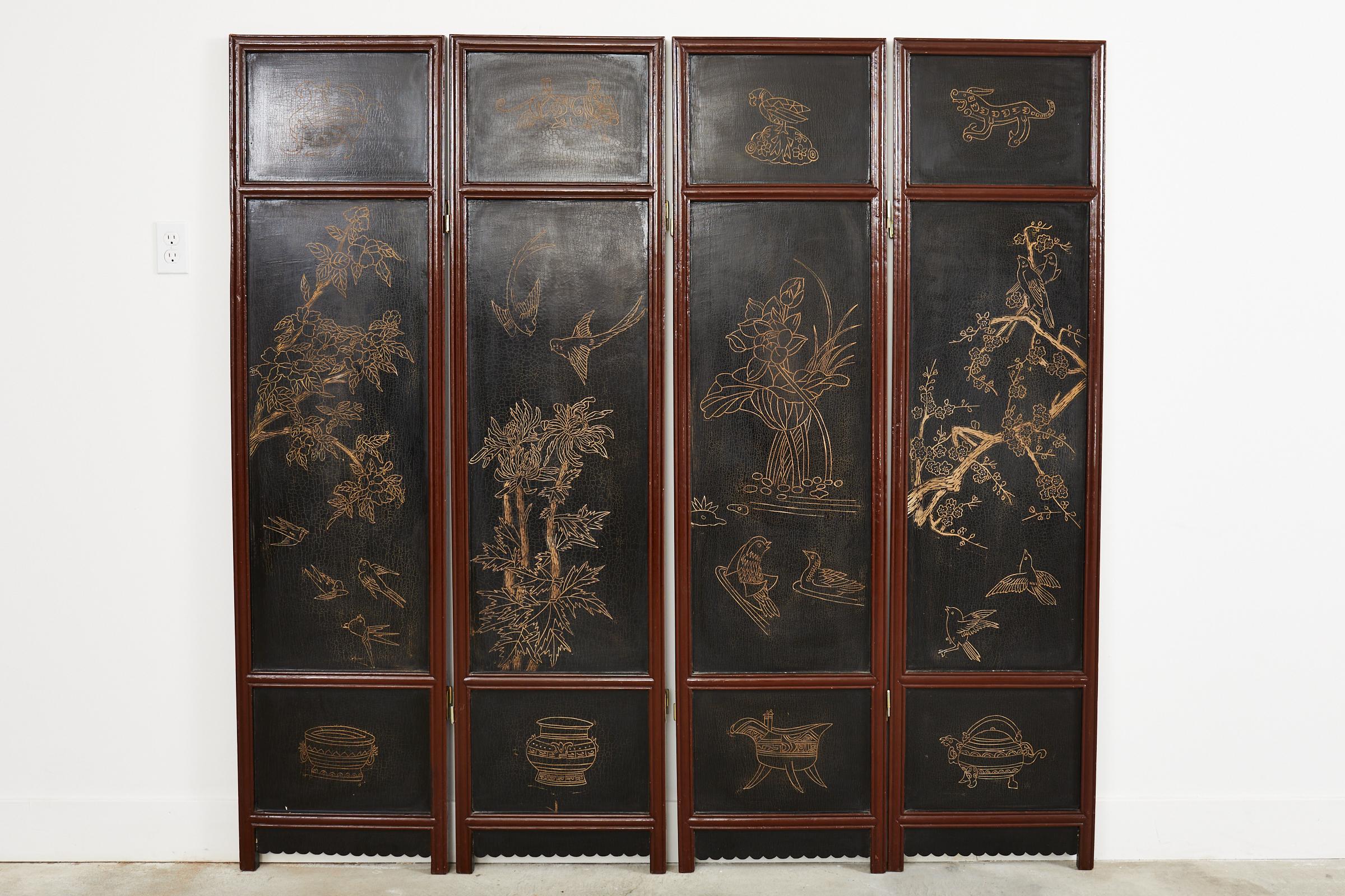 Chinese Export Four Panel Lacquered Coromandel Screen For Sale 13