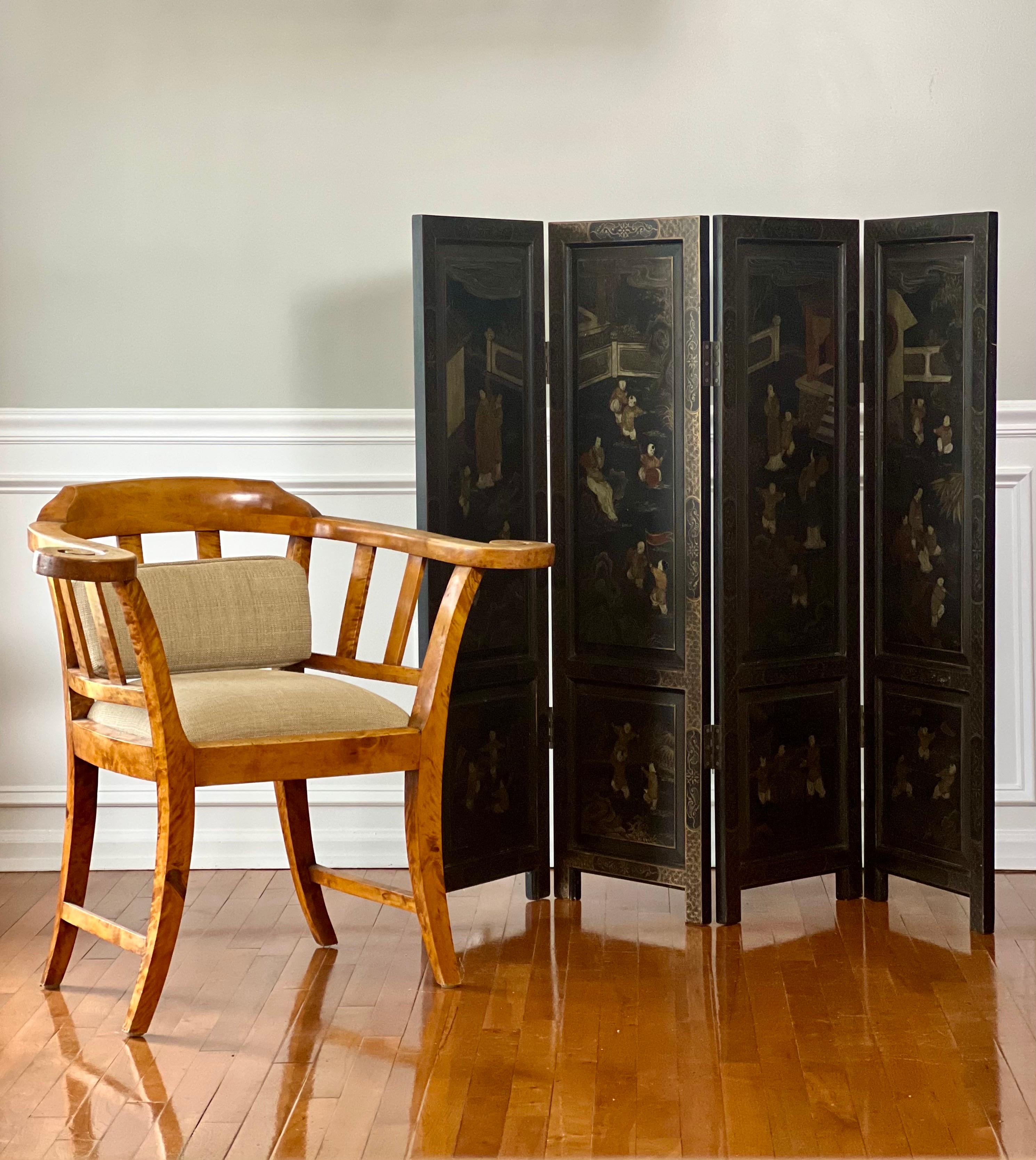 Chinese Export Four Panel Lacquered Coromandel Dressing Screen Room Divider For Sale 14