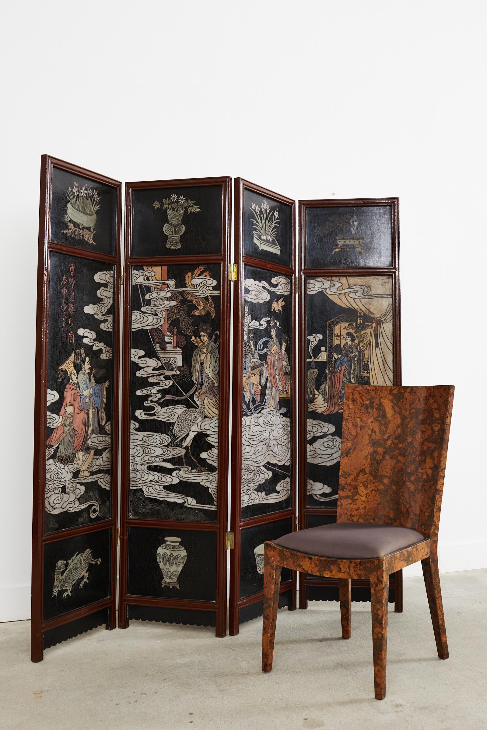 Celestial Chinese export coromandel four-panel screen depicting figures in colorful robes in a heavenly landscape among the white clouds. Each scene is bordered on top and bottom with scholars objects in windows having oxblood red trim. The reverse