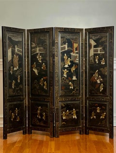 Chinese Export Four Panel Lacquered Coromandel Dressing Screen Room Divider