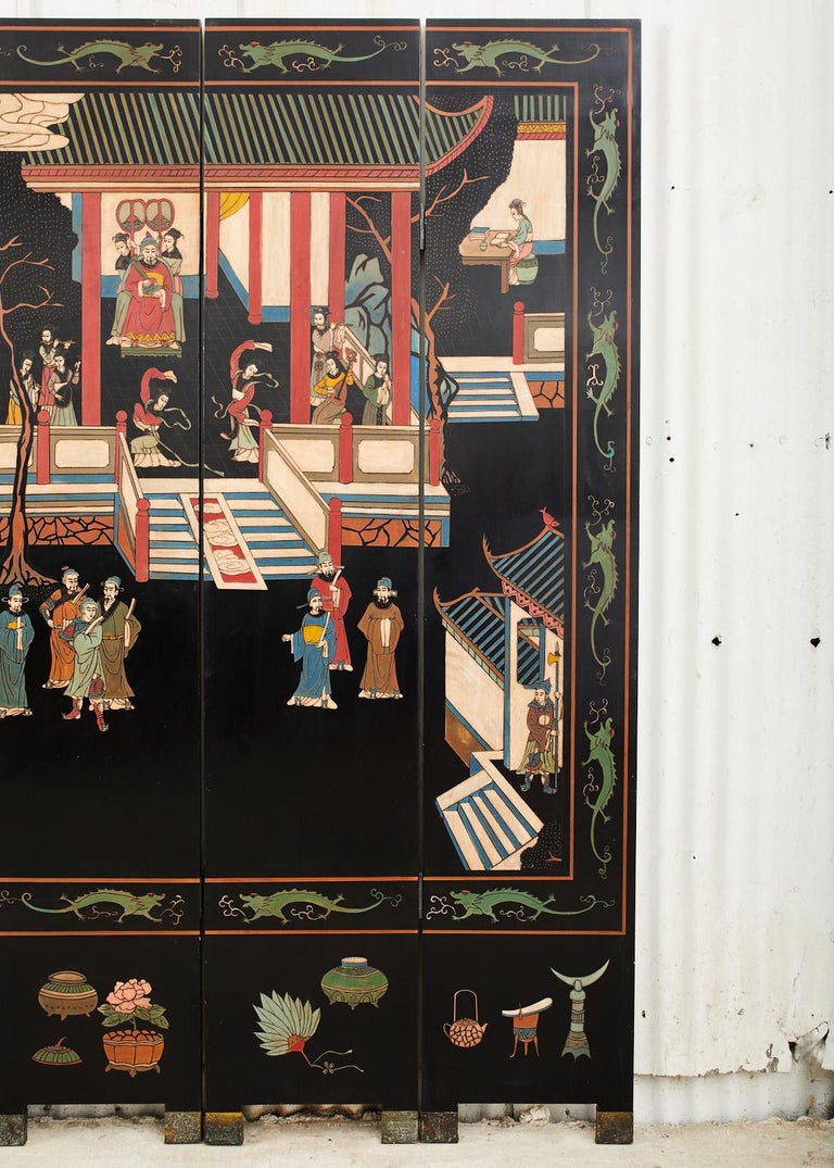 20th Century Chinese Export Four-Panel Lacquered Coromandel Screen For Sale