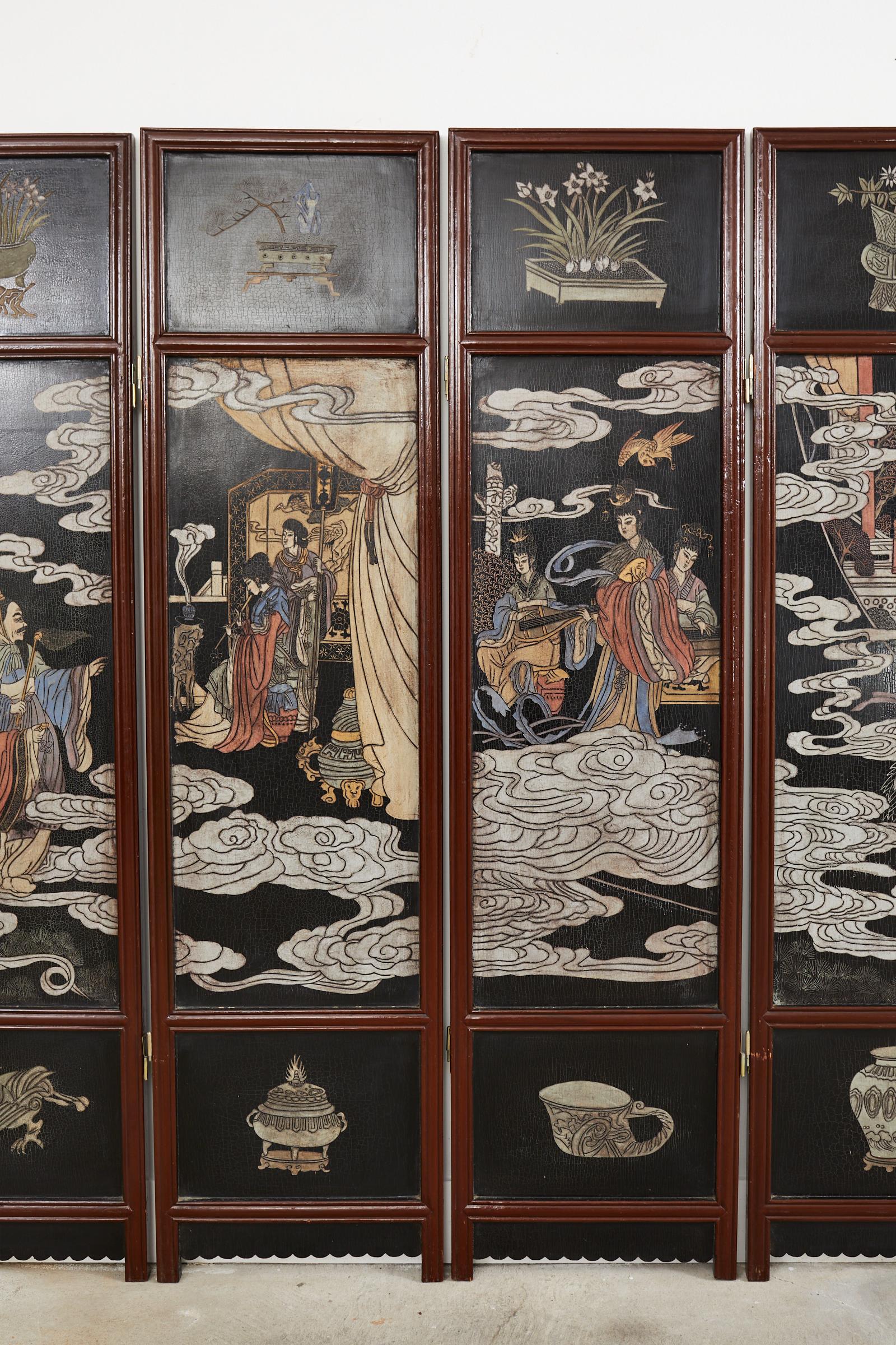 Chinese Export Four Panel Lacquered Coromandel Screen In Distressed Condition For Sale In Rio Vista, CA
