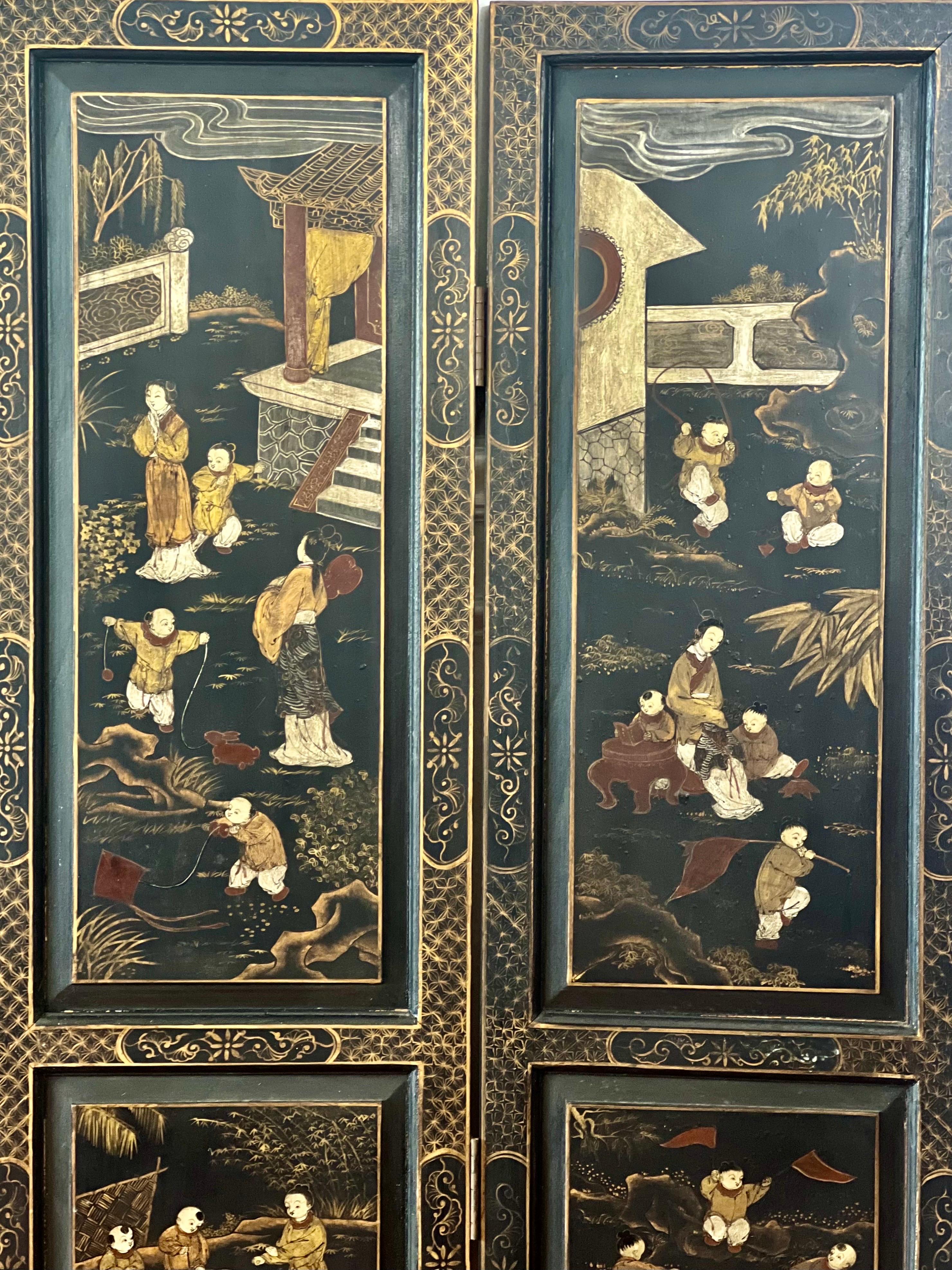 20th Century Chinese Export Four Panel Lacquered Coromandel Dressing Screen Room Divider For Sale
