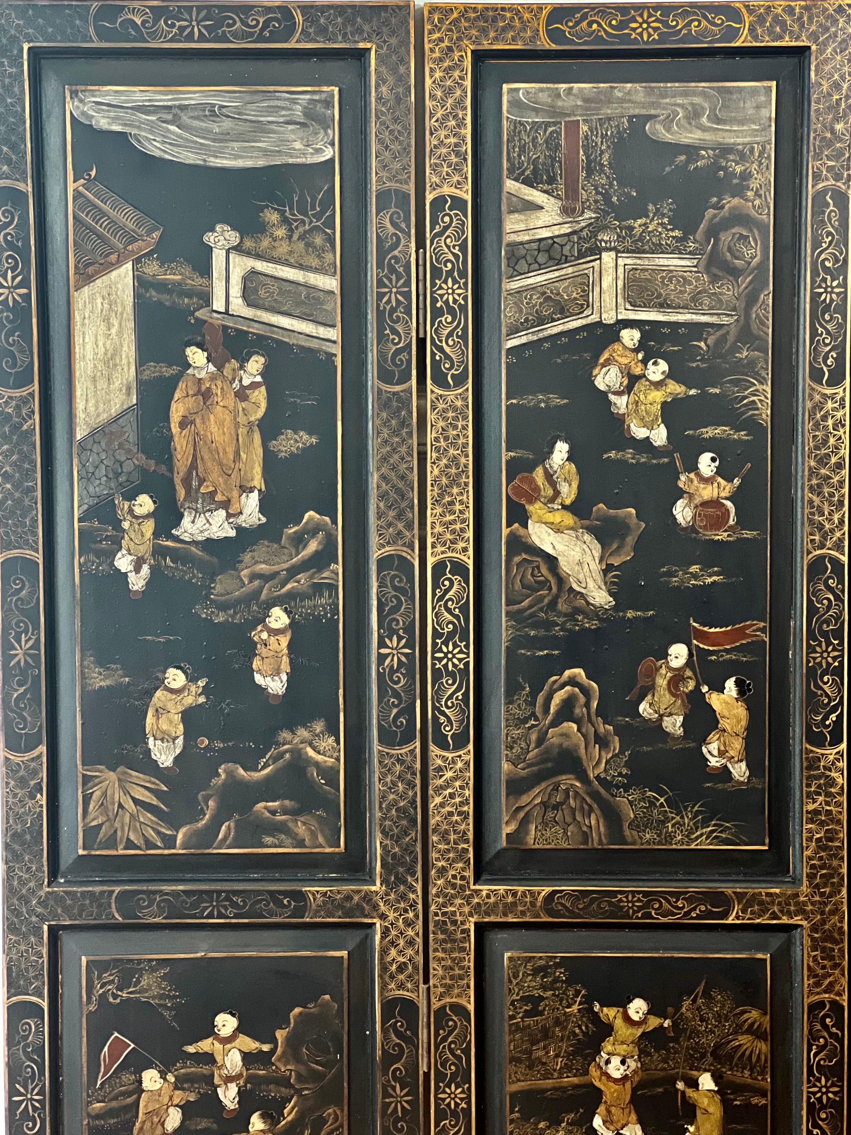 Wood Chinese Export Four Panel Lacquered Coromandel Dressing Screen Room Divider For Sale