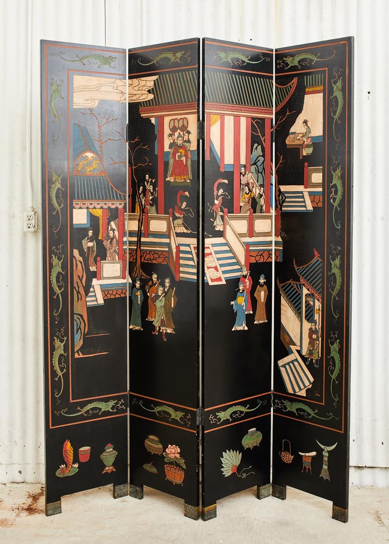 Chinese Export Four-Panel Lacquered Coromandel Screen For Sale 3