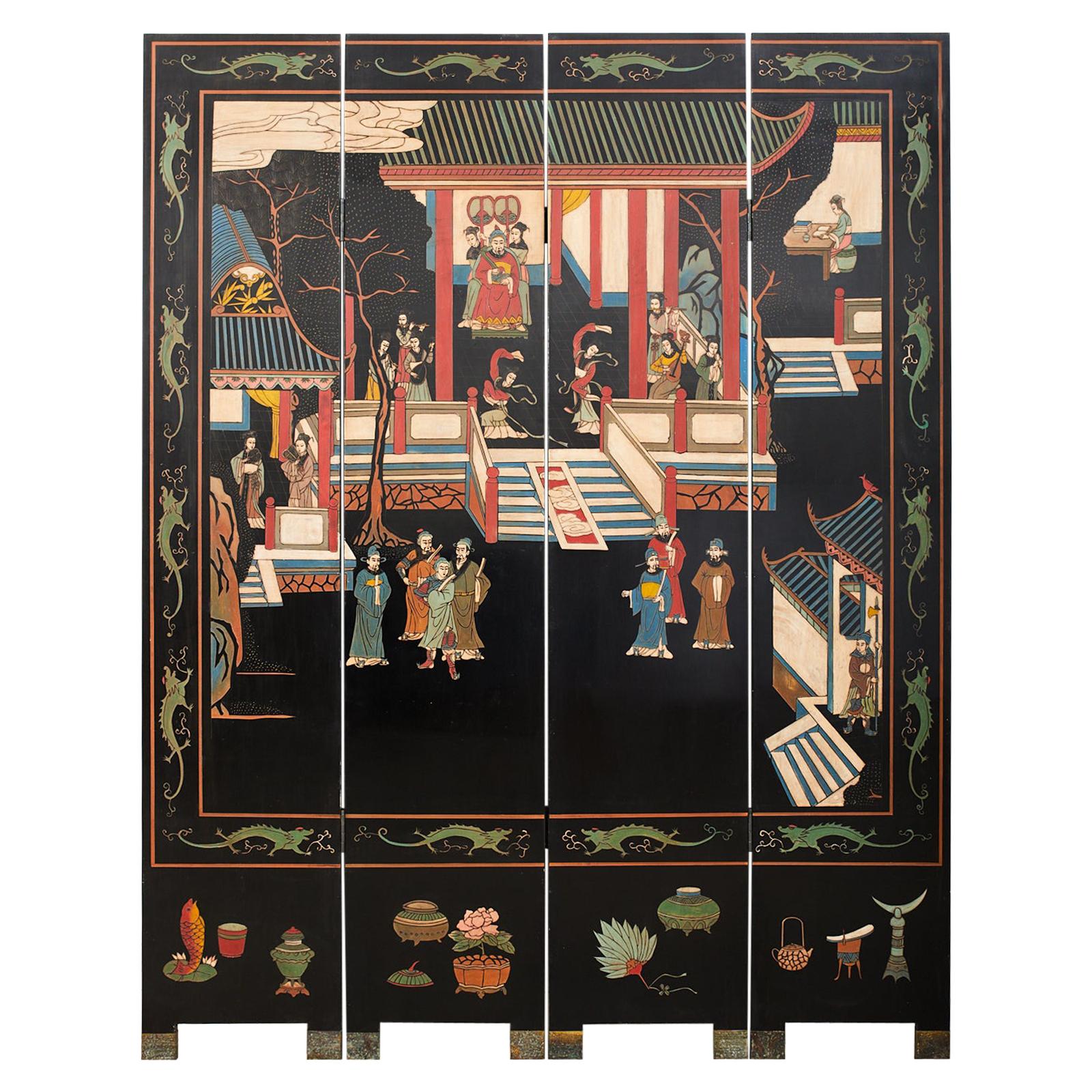 Chinese Export Four-Panel Lacquered Coromandel Screen