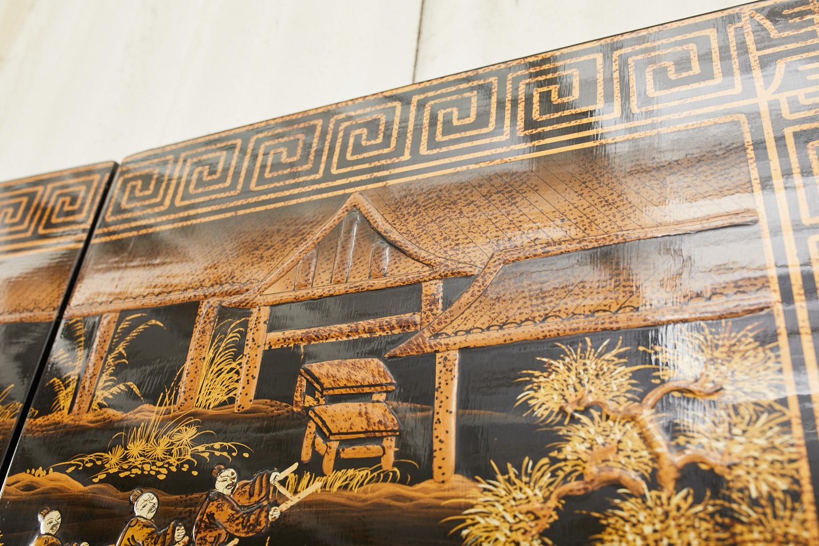 Chinese Export Four Panel Lacquered Coromandel Screen Qingming Festival 7