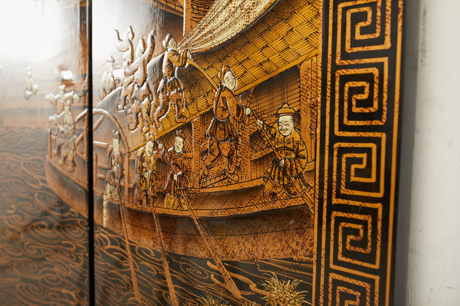 Chinese Export Four Panel Lacquered Coromandel Screen Qingming Festival 8