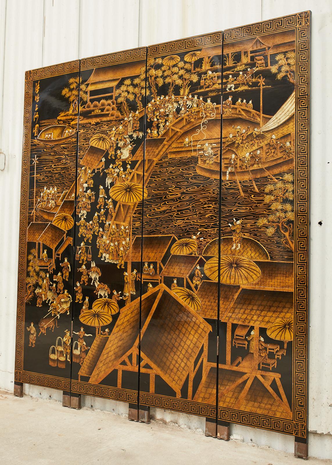 Brass Chinese Export Four Panel Lacquered Coromandel Screen Qingming Festival