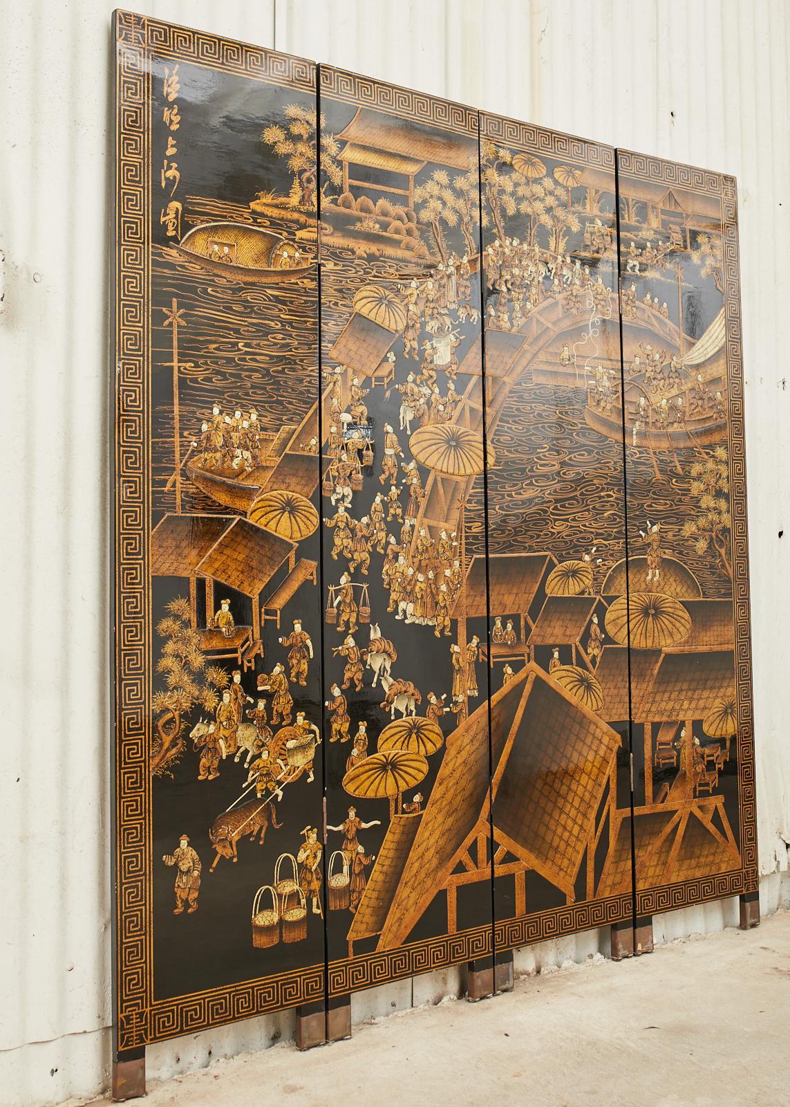 Chinese Export Four Panel Lacquered Coromandel Screen Qingming Festival 1