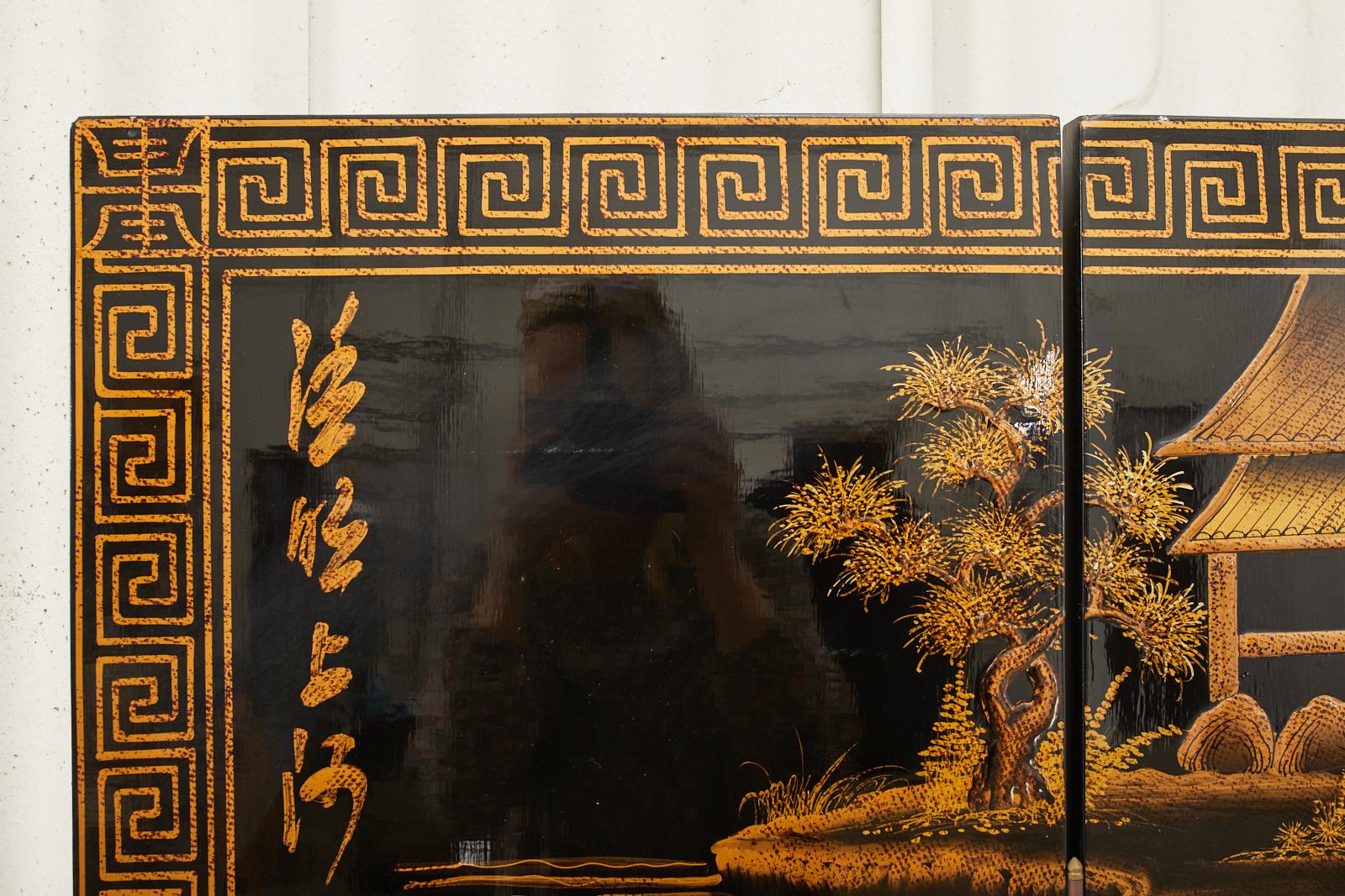 Chinese Export Four Panel Lacquered Coromandel Screen Qingming Festival 2