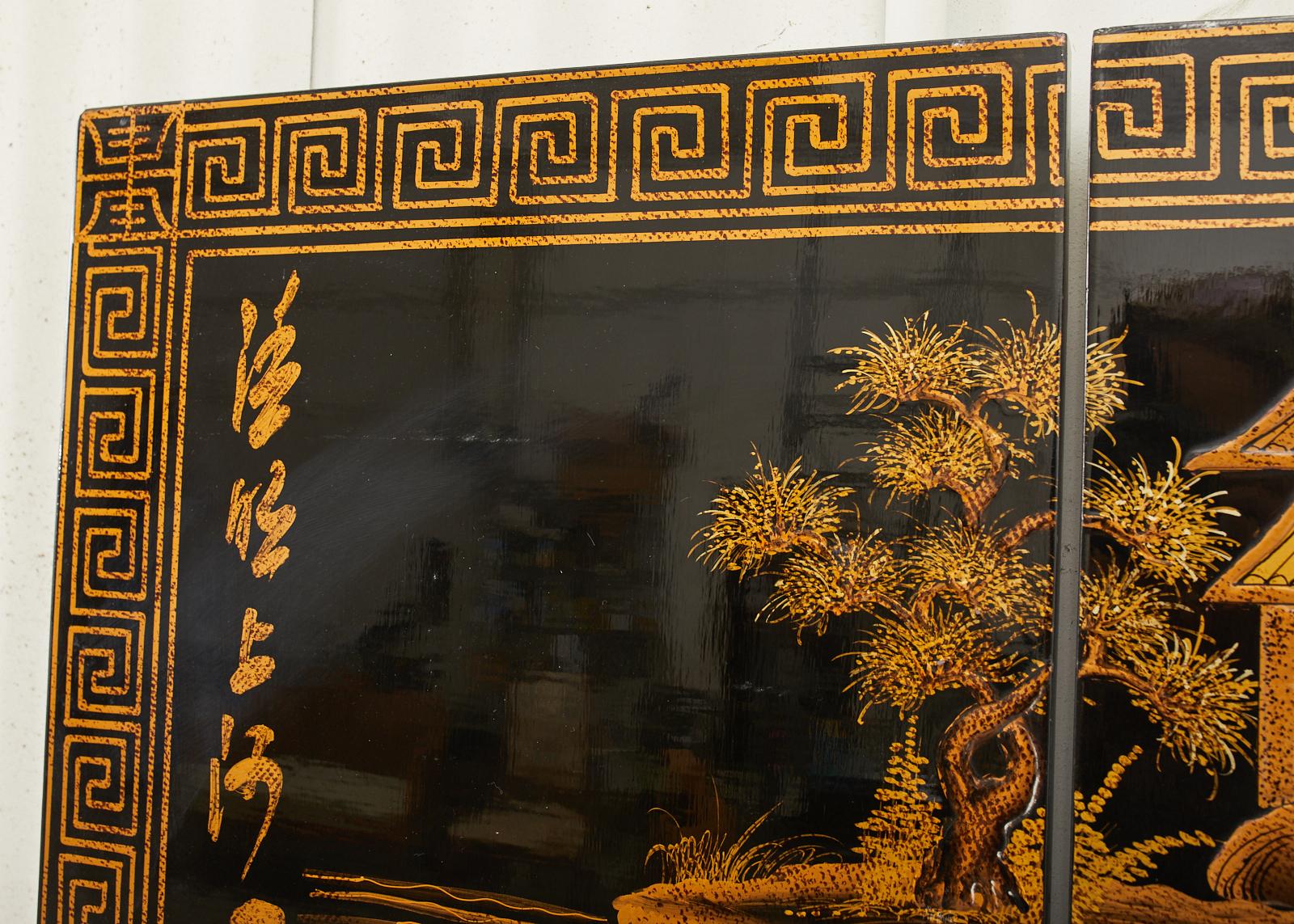 Chinese Export Four Panel Lacquered Coromandel Screen Qingming Festival 4