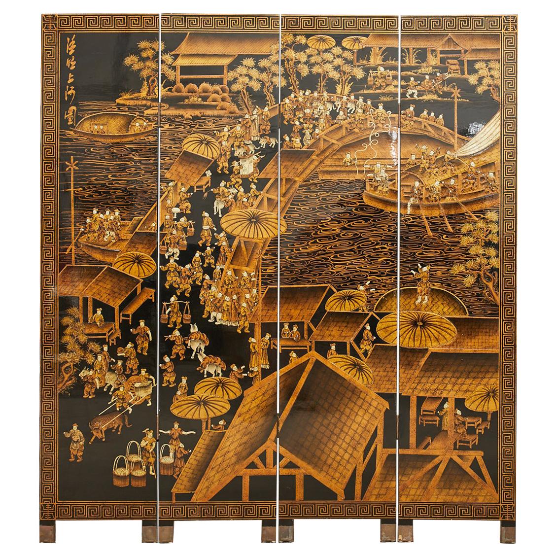 Chinese Export Four Panel Lacquered Coromandel Screen Qingming Festival