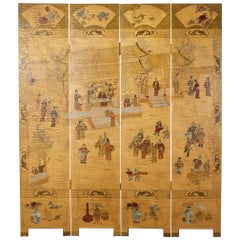 Chinese Export Four Panel Lacquered Gilt Coromandel Screen