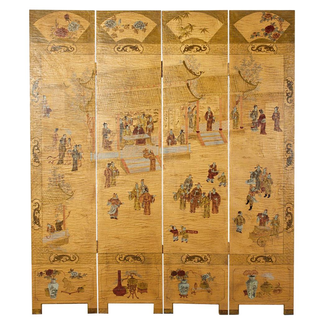 Chinese Export Four Panel Lacquered Gilt Coromandel Screen