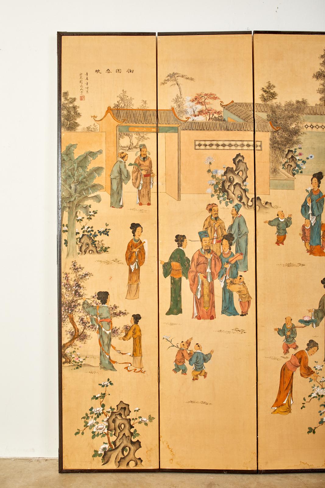 Lacquered Chinese Export Four-Panel Painted Wallpaper Screen