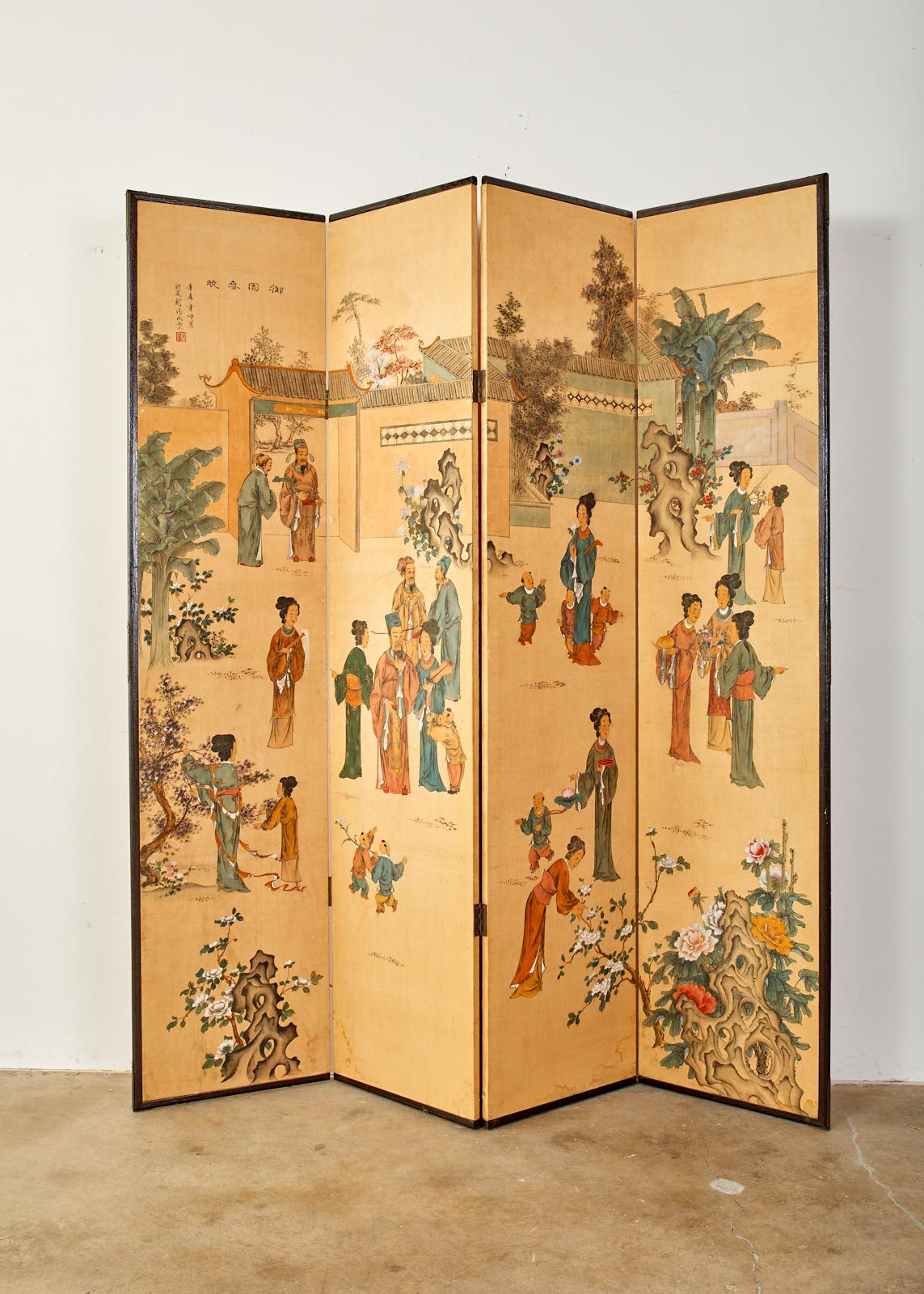 Chinese Export Four-Panel Painted Wallpaper Screen 1