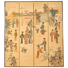 Vintage Chinese Export Four-Panel Painted Wallpaper Screen