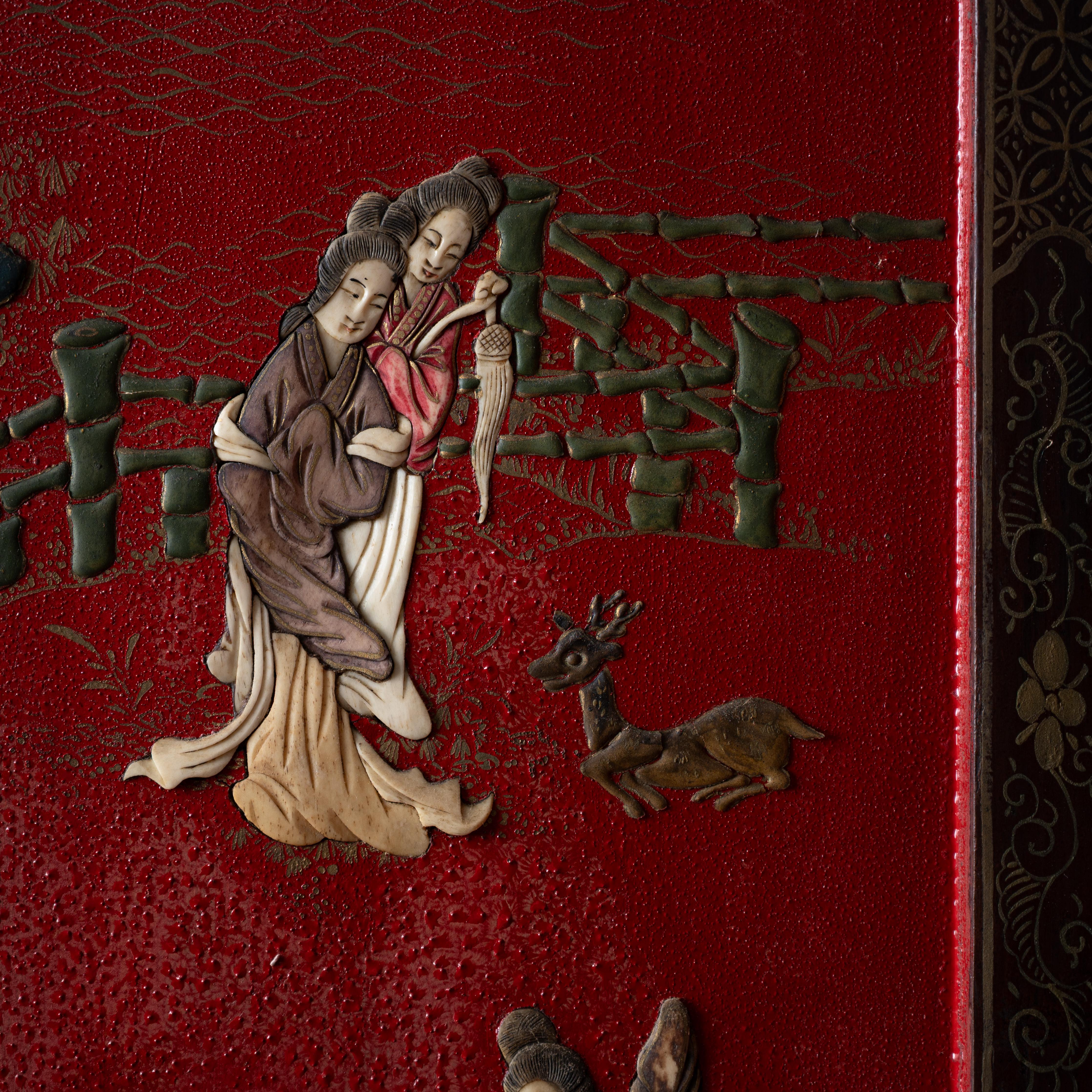 Chinese Export Four-Panel Red Lacquer Screen, c.1900 For Sale 5