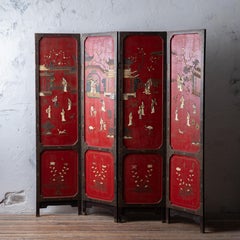 Chinese Export Four-Panel Red Lacquer Screen, c.1900