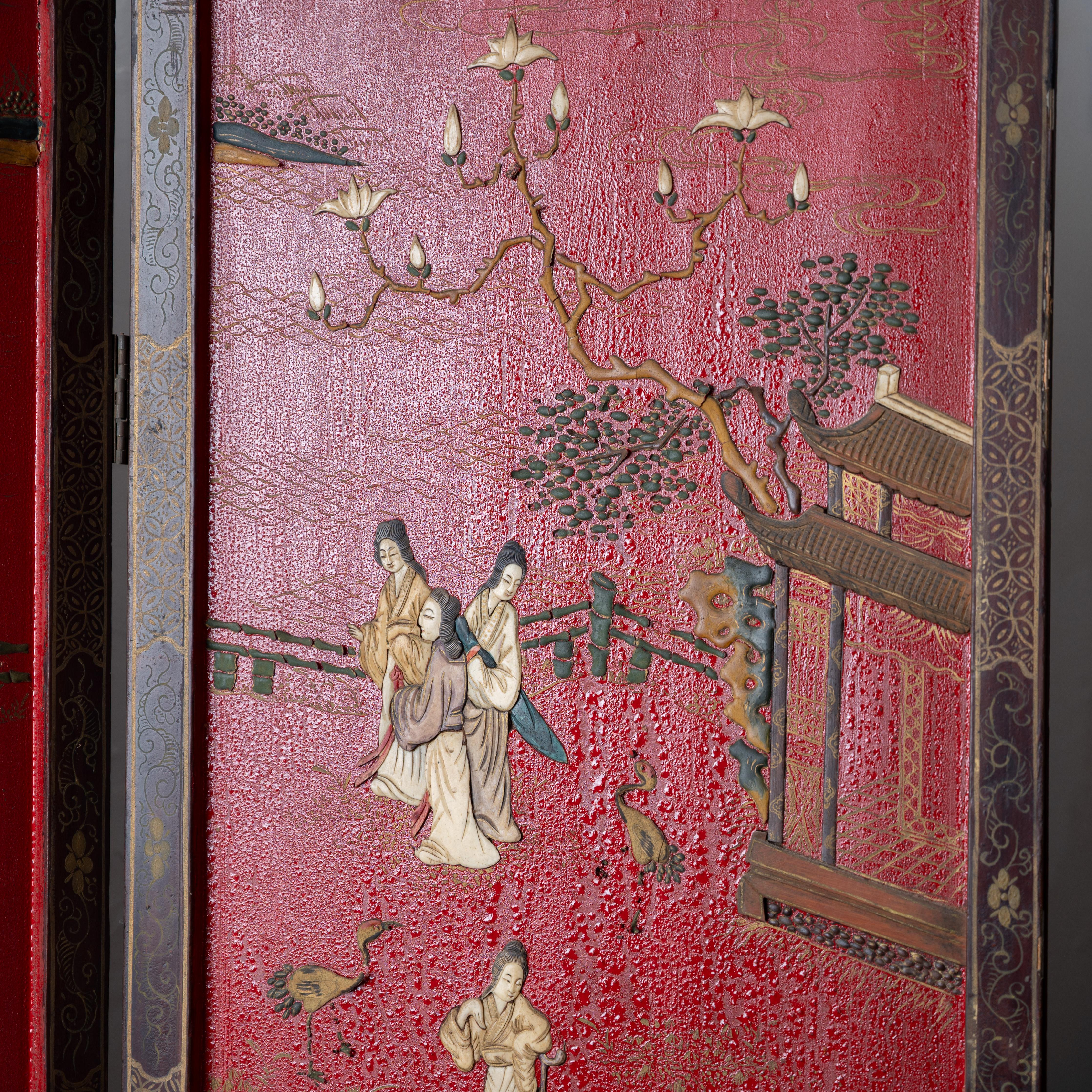 Chinese Export Four-Panel Red Lacquer Screen, c.1900 For Sale 3