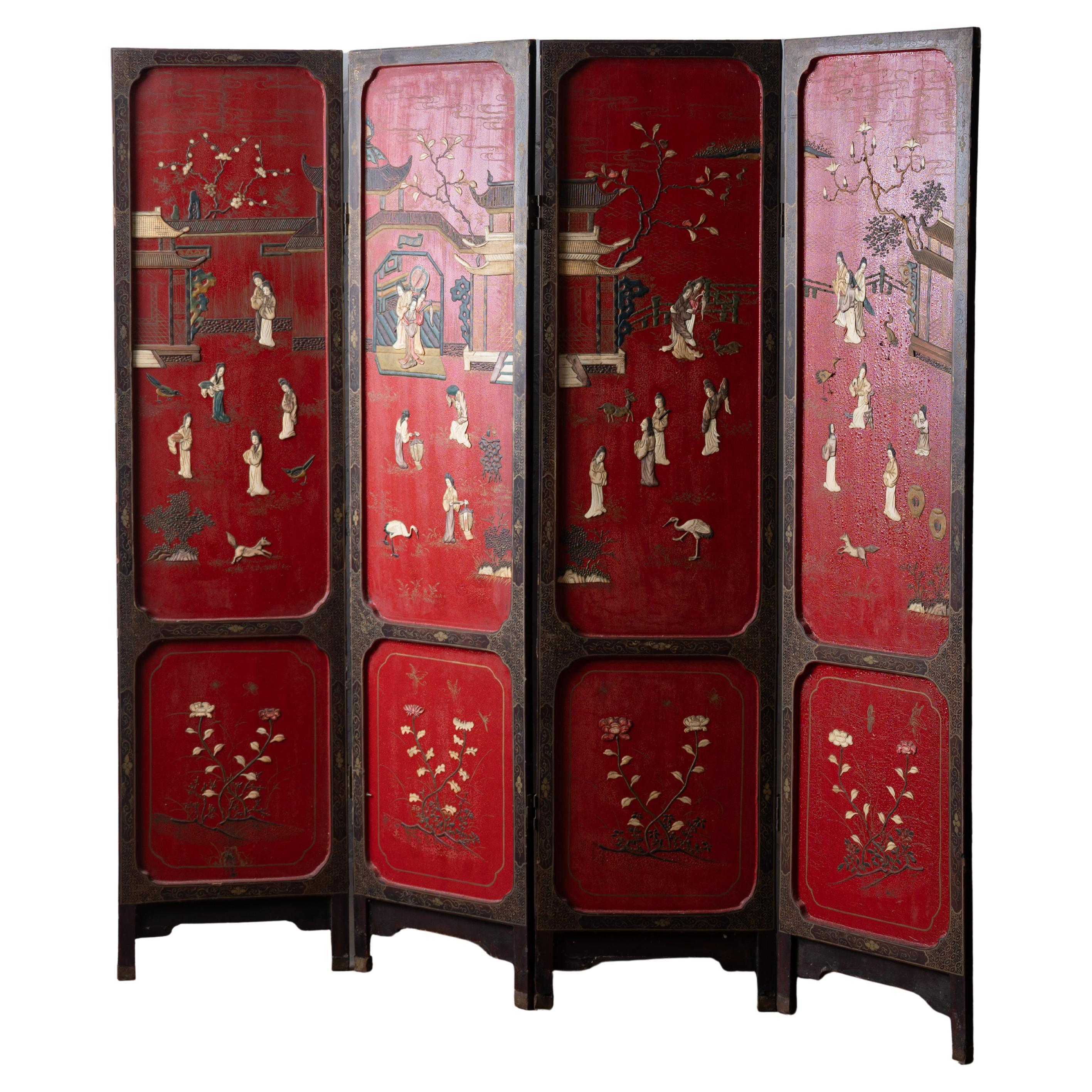 Chinese Export Four-Panel Red Lacquer Screen, c.1900 For Sale