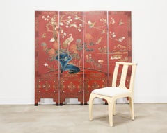 Chinese Export Four Panel Red Lacquered Chinoiserie Gilt Screen