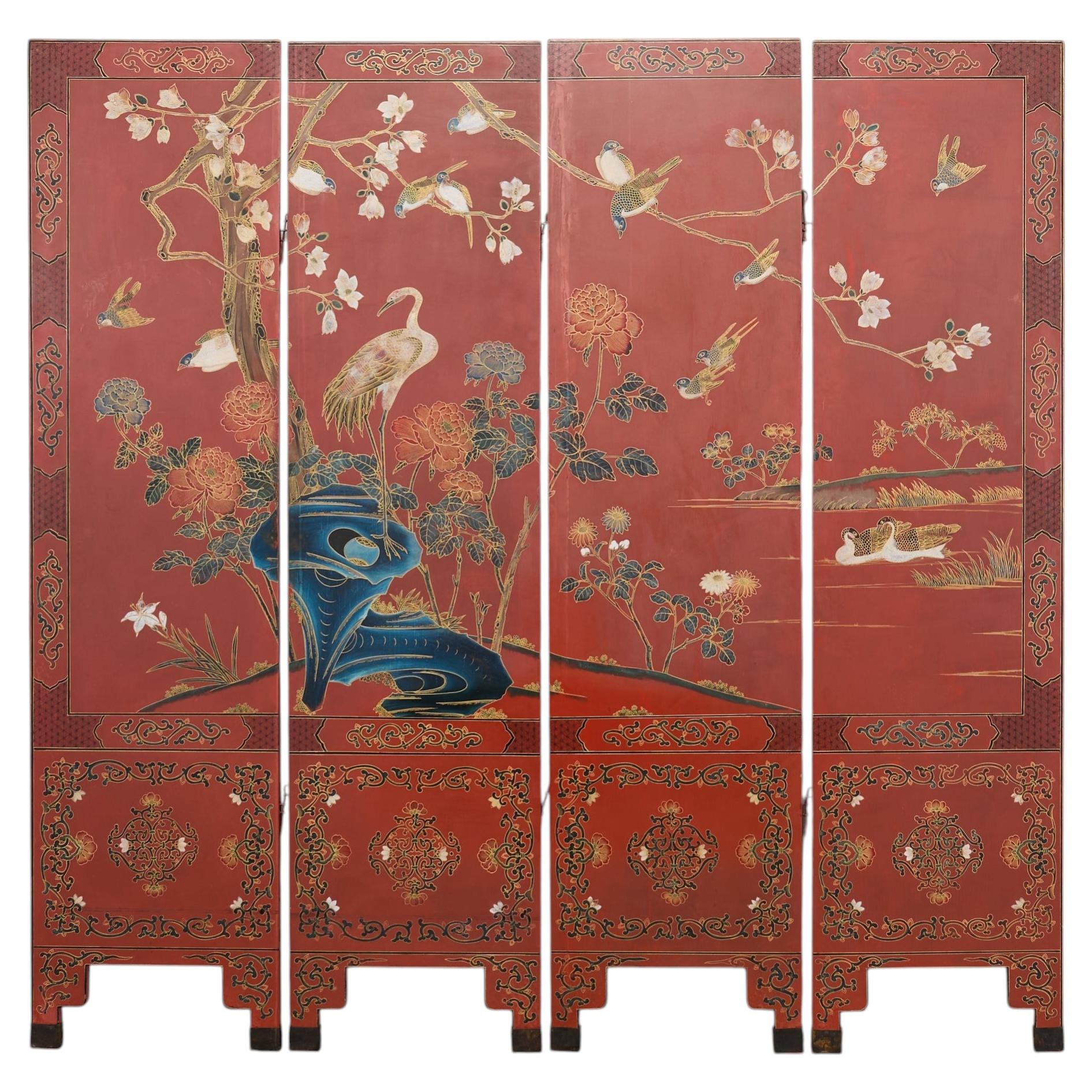 Chinese Export Four Panel Red Lacquered Chinoiserie Gilt Screen