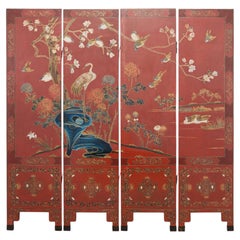 Chinese Export Four Panel Red Lacquered Chinoiserie Gilt Screen
